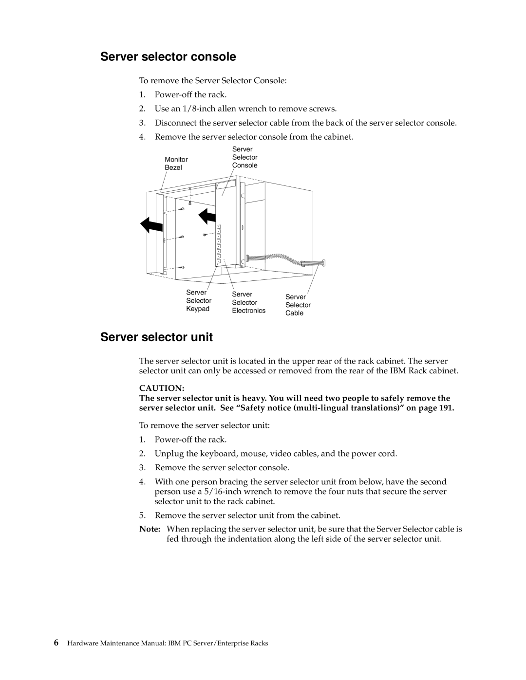 IBM 9TX, 9TS, 9QX, 9QS, 900, 4SB, 4SA, 42P, 42X, 200, 42E, 42S, 4QS, 4QX manual Server selector console, Server selector unit 