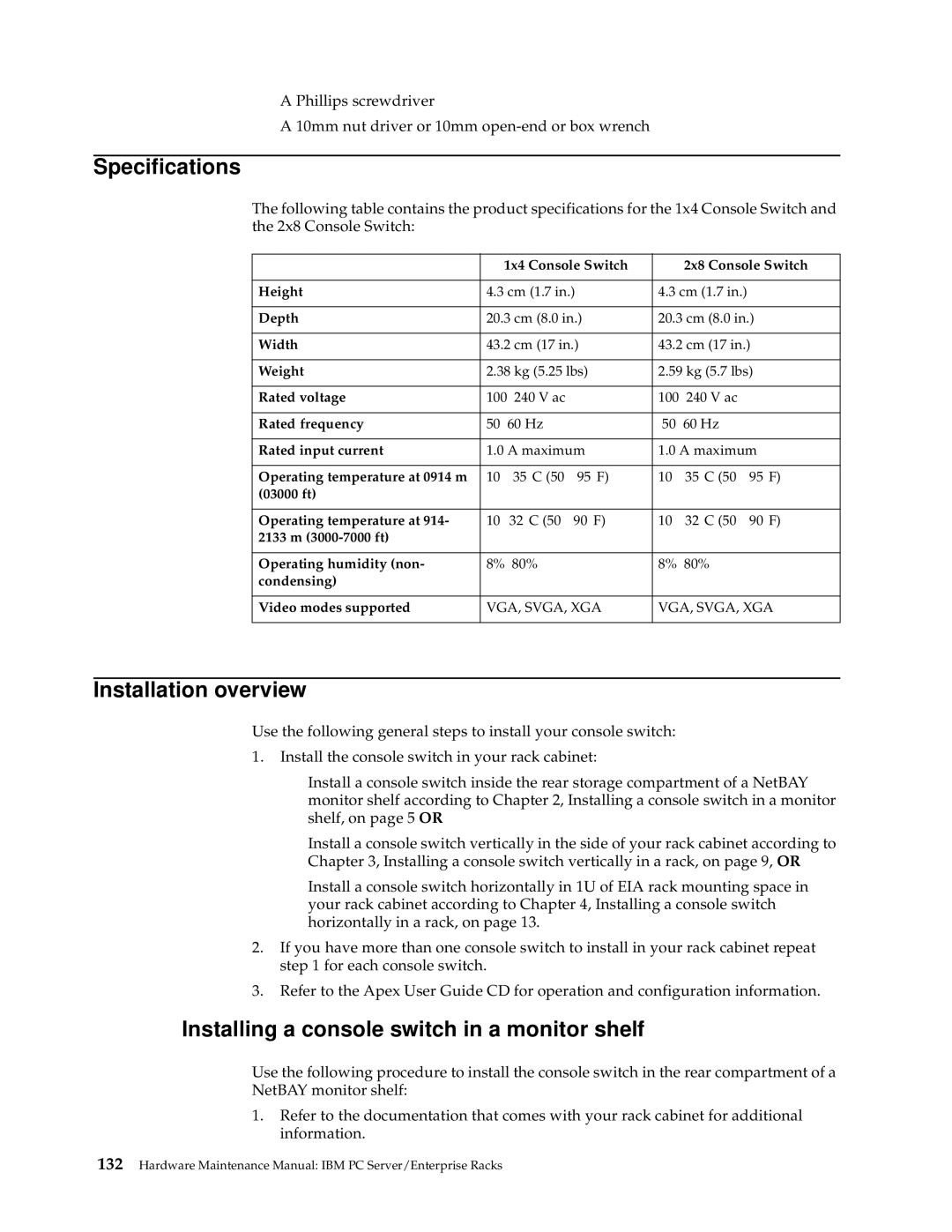 IBM 9TX, 9TS, 9QX, 9QS, 900, 4SB, 4SA, 42P Specifications, Installation overview, Installing a console switch in a monitor shelf 