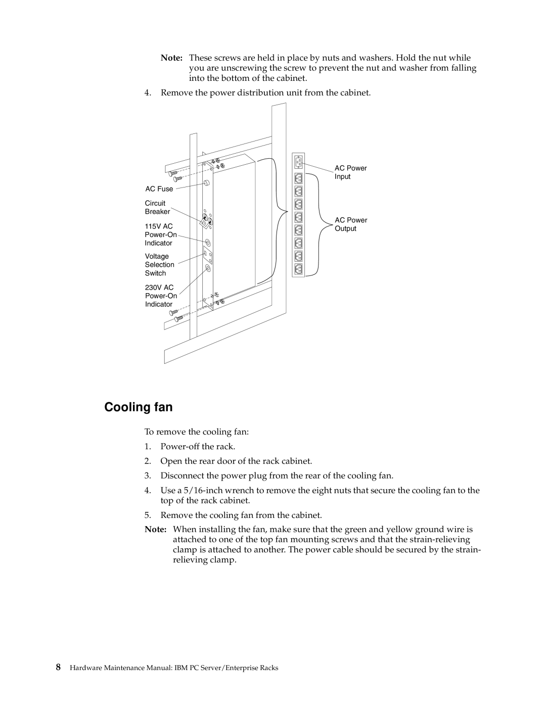 IBM 9QX, 9TX, 9TS, 9QS, 900, 4SB, 4SA, 42P, 42X, 200, 42E, 42S, 4QS Cooling fan, Remove the power distribution unit from the cabinet 