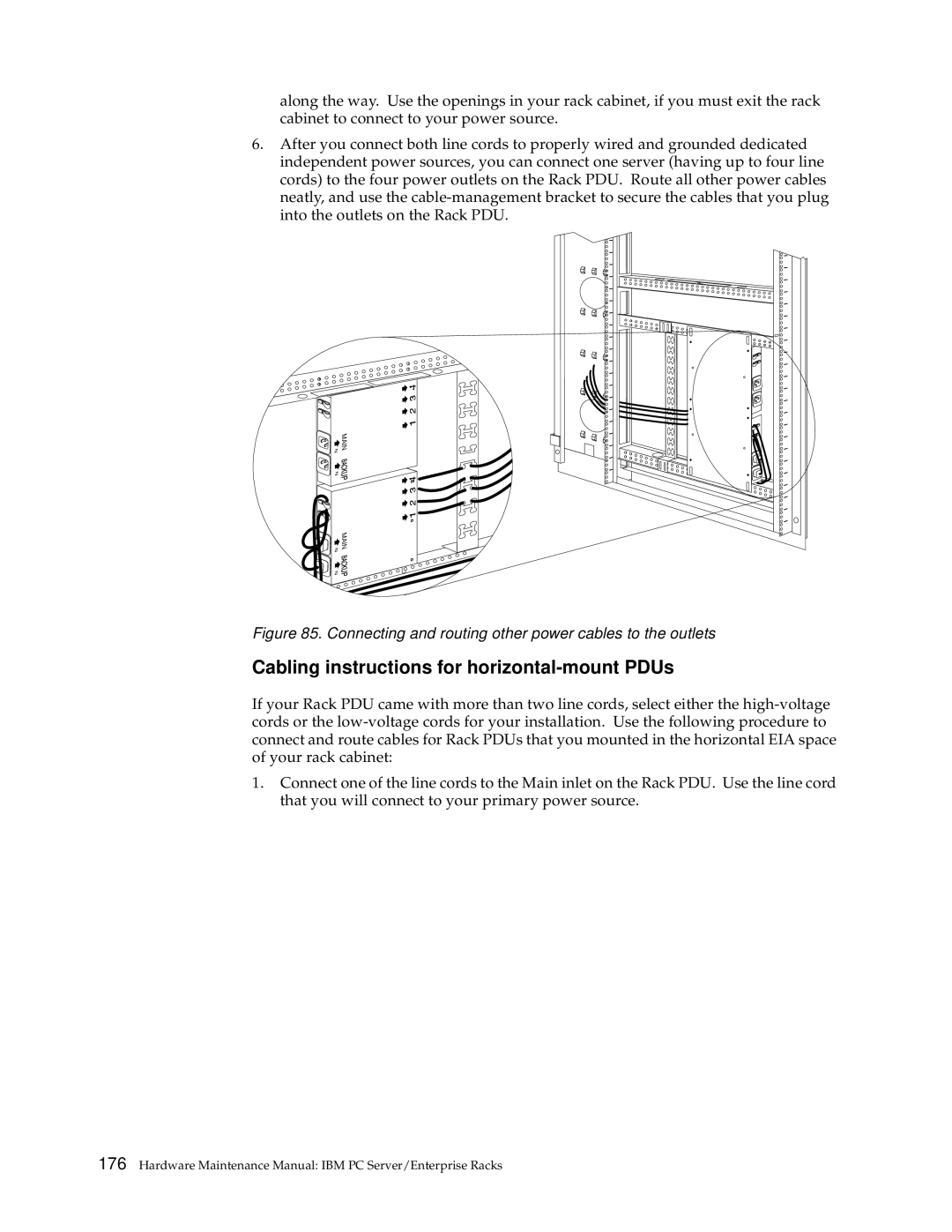 IBM 9QX, 9TX, 9TS, 9QS, 900, 4SB, 4SA, 42P, 42X, 200, 42E, 42S, 4QS, 4QX manual Cabling instructions for horizontal-mount PDUs 