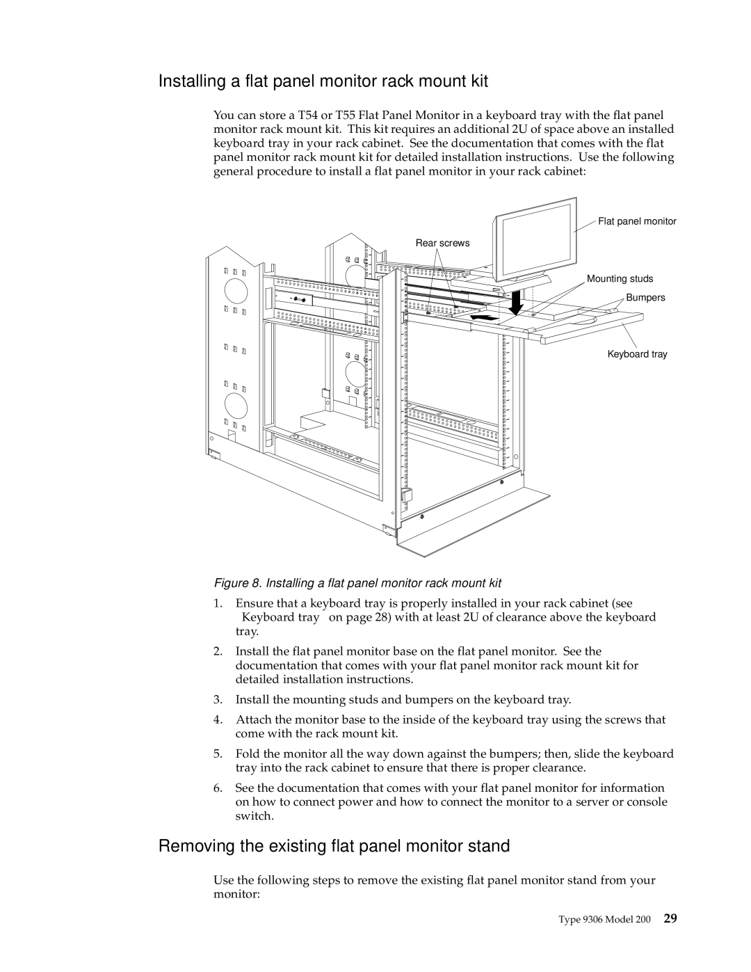 IBM 200, 9TX, 9TS, 9QX, 9QS Installing a flat panel monitor rack mount kit, Removing the existing flat panel monitor stand 