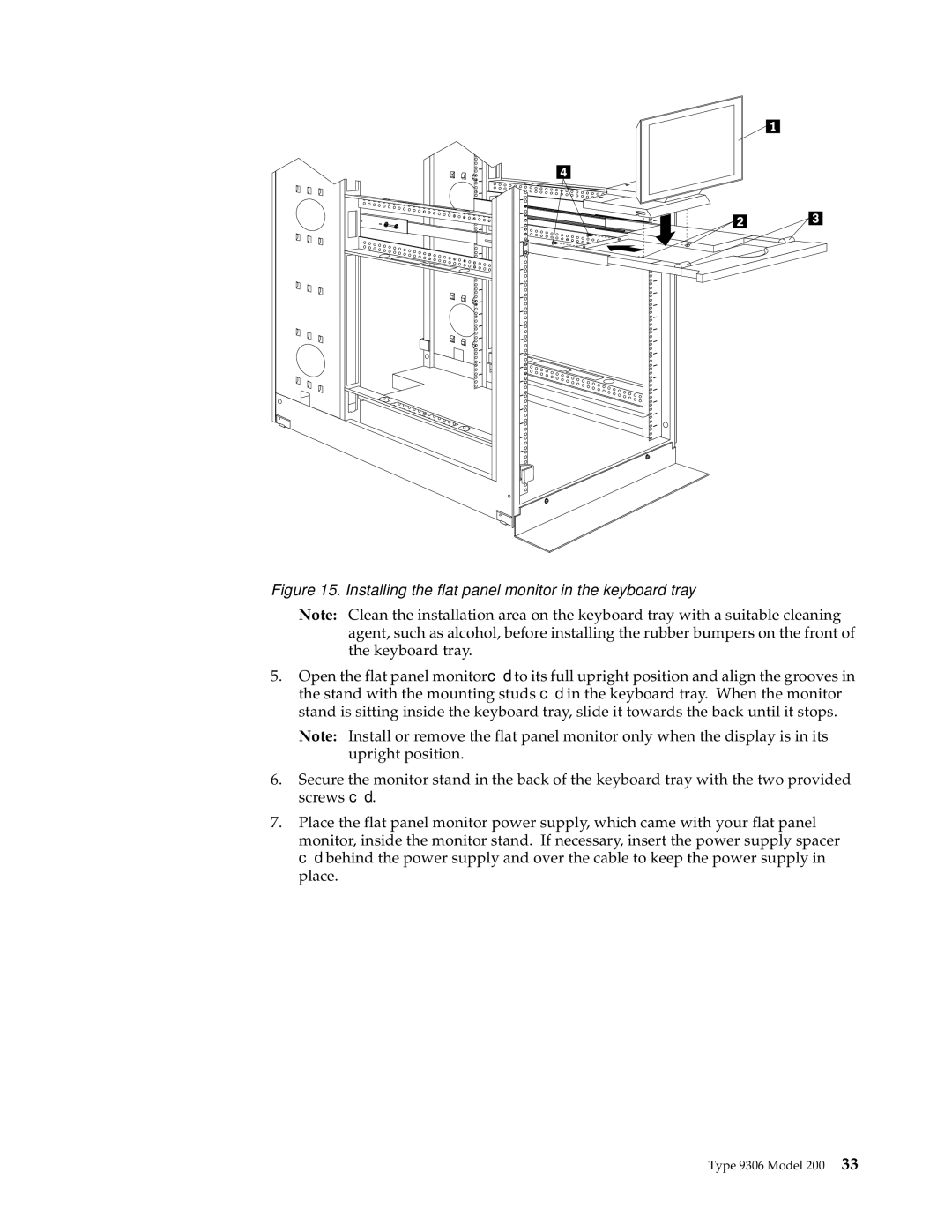 IBM 4QX, 9TX, 9TS, 9QX, 9QS, 900, 4SB, 4SA, 42P, 42X, 200, 42E, 42S, 4QS manual Installing the flat panel monitor in the keyboard tray 