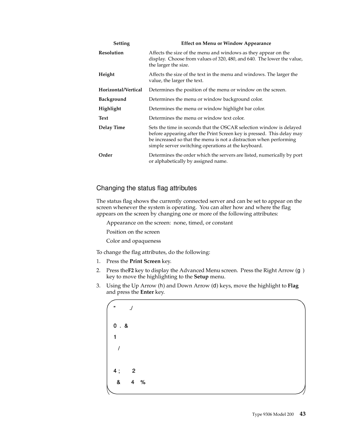 IBM 200, 9TX, 9TS, 9QX, 9QS, 900 Changing the status flag attributes, Setting Effect on Menu or Window Appearance Resolution 