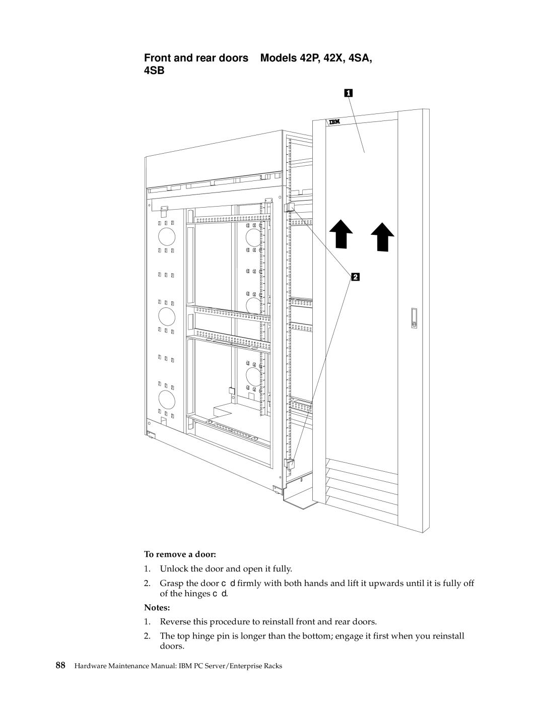 IBM 4QS, 9TX, 9TS, 9QX, 9QS, 900, 200, 42E, 42S, 4QX manual Front and rear doors Models 42P, 42X, 4SA, 4SB, To remove a door 