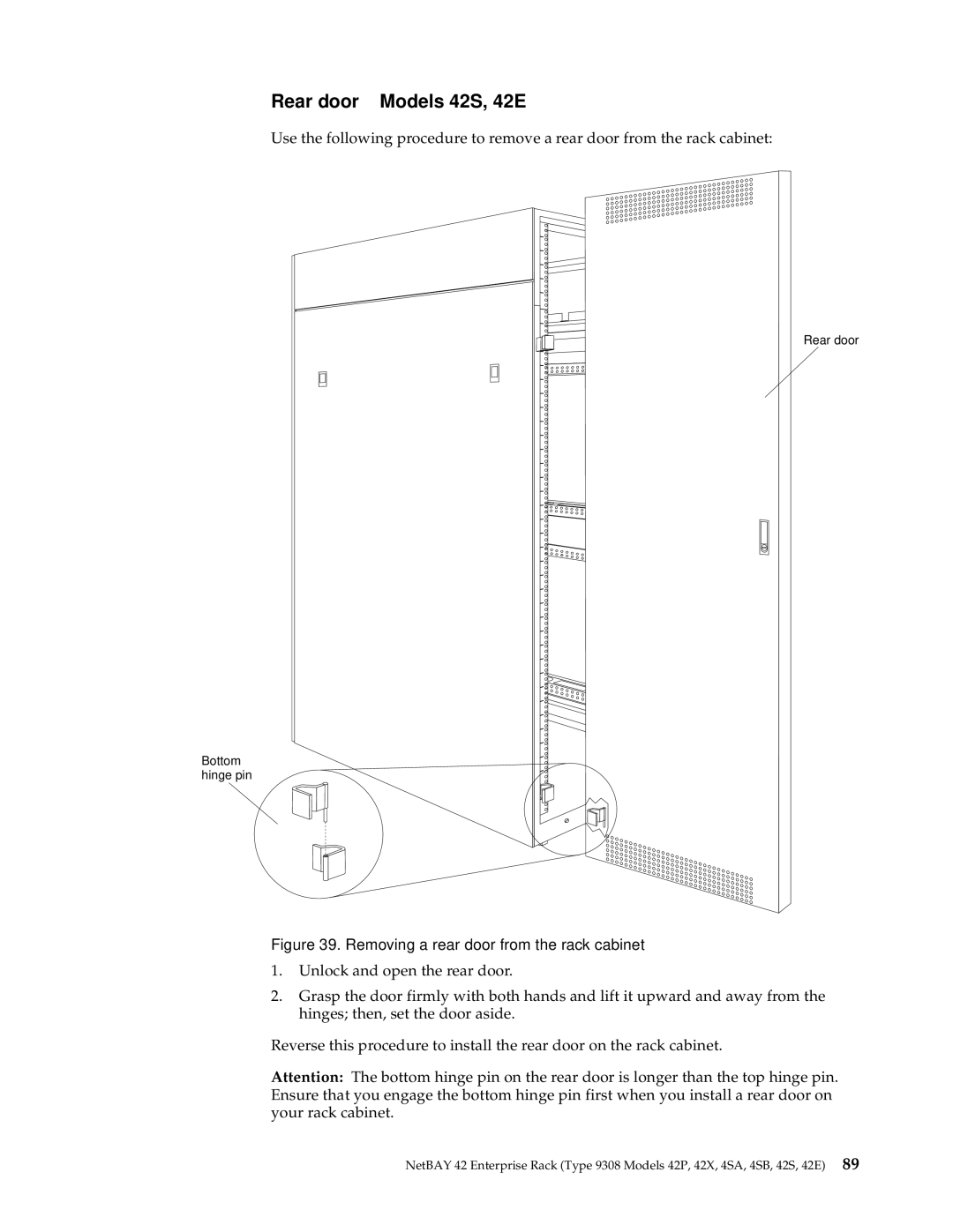 IBM 4QX, 9TX, 9TS, 9QX, 9QS, 900, 4SB, 4SA, 42P, 42X, 200, 4QS Rear door Models 42S, 42E, Removing a rear door from the rack cabinet 