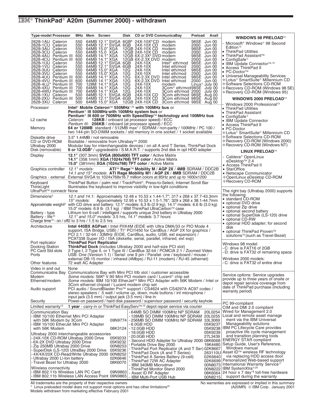 IBM T Series, A Series, G Series, X Series manual IBM→ ThinkPad→ A20m Summer 2000 withdrawn, Linux Preload 