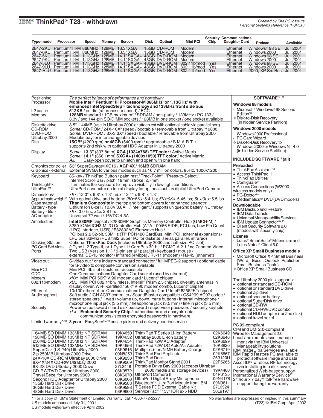 IBM X Series, A Series ThinkPad T23 withdrawn, Software 14, Some 13.3 337.8mm XGA 1024x768 TFT color / Active Matrix, All 