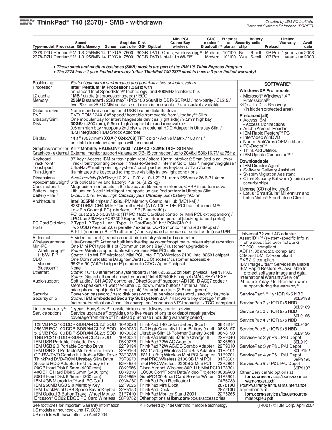 IBM T Series, A Series, G Series, X Series manual T40 2378 SMB withdrawn, Preloadedall 