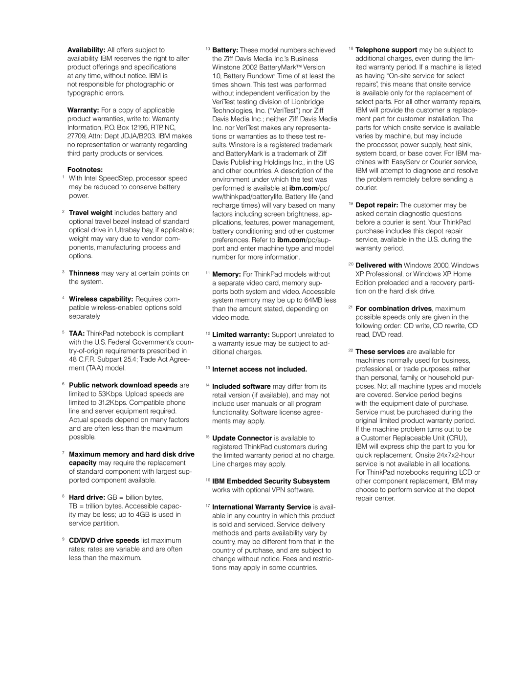 IBM G Series, A Series, X Series, T Series manual Footnotes 