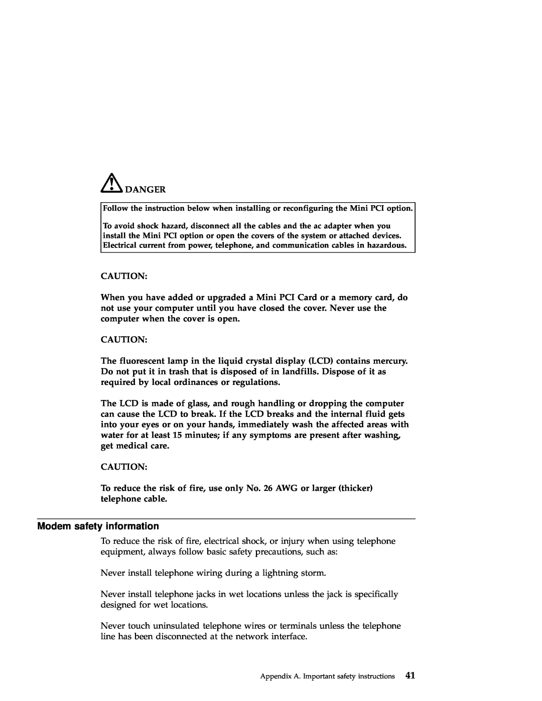 IBM A21e manual Modem safety information, Danger 