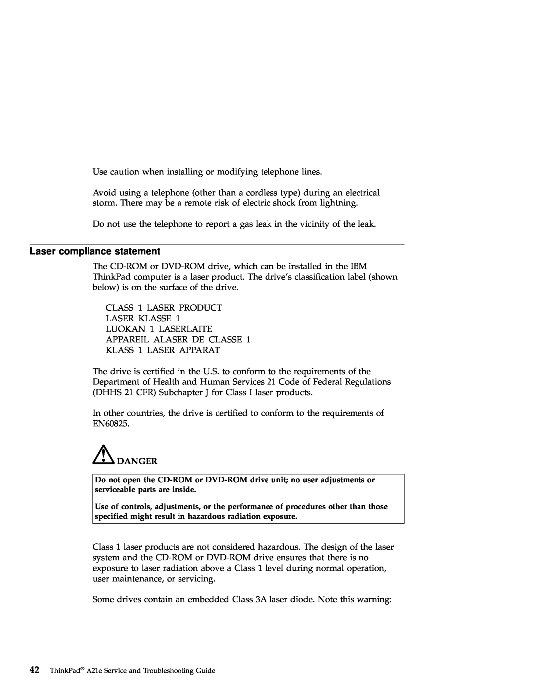 IBM A21e manual Laser compliance statement, Danger 