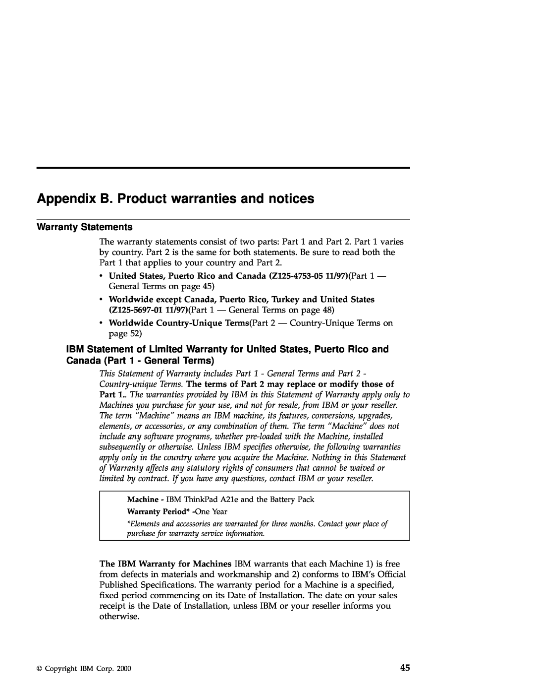 IBM A21e manual Appendix B. Product warranties and notices, Warranty Statements 