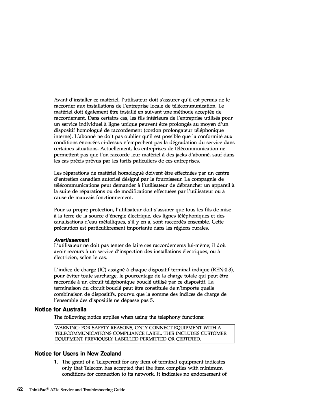 IBM A21e manual Notice for Australia, Notice for Users in New Zealand, Avertissement 