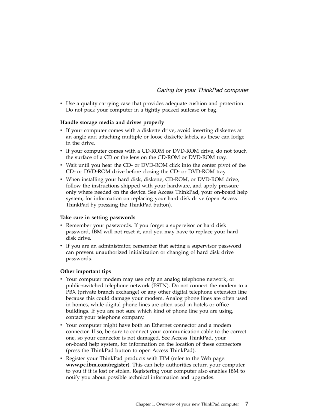 IBM A21e manual Handle storage media and drives properly, Take care in setting passwords, Other important tips 