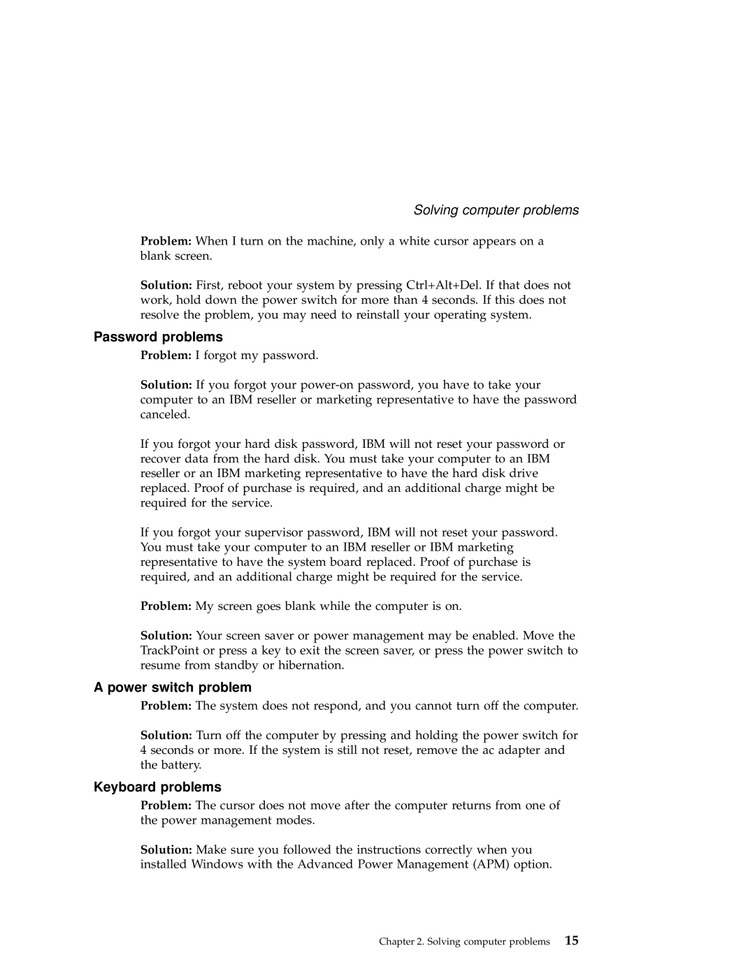 IBM A21e manual Password problems, Power switch problem, Keyboard problems 