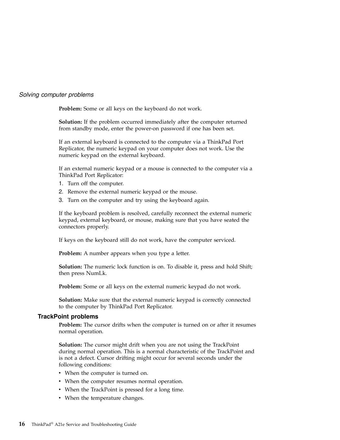 IBM A21e manual TrackPoint problems 