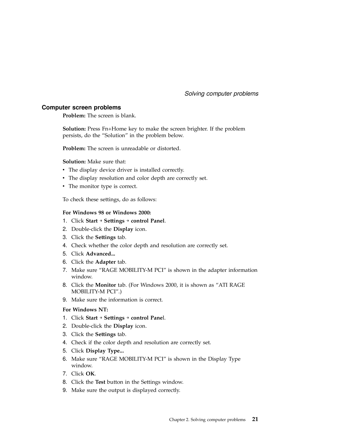 IBM A21e manual Computer screen problems, Click Advanced, For Windows NT Click Start → Settings → control Panel 