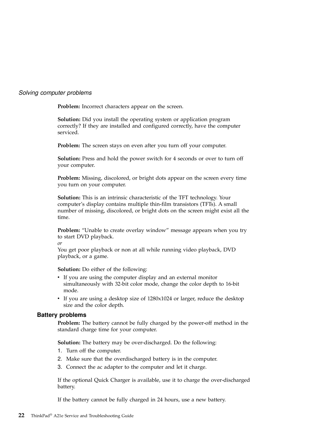 IBM A21e manual Battery problems 