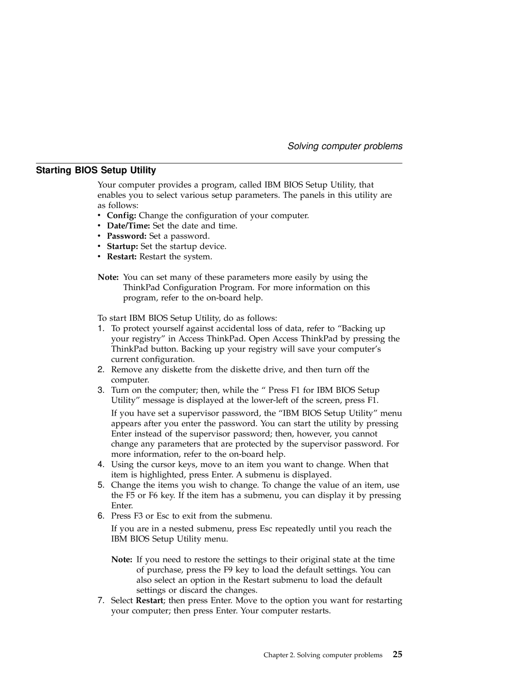 IBM A21e manual Starting Bios Setup Utility 