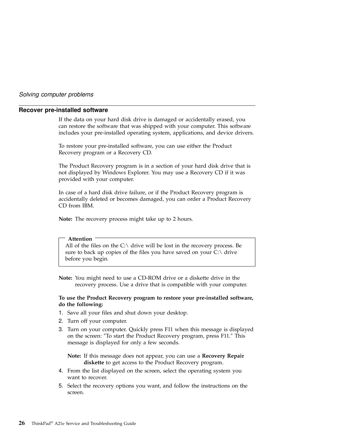 IBM A21e manual Recover pre-installed software 