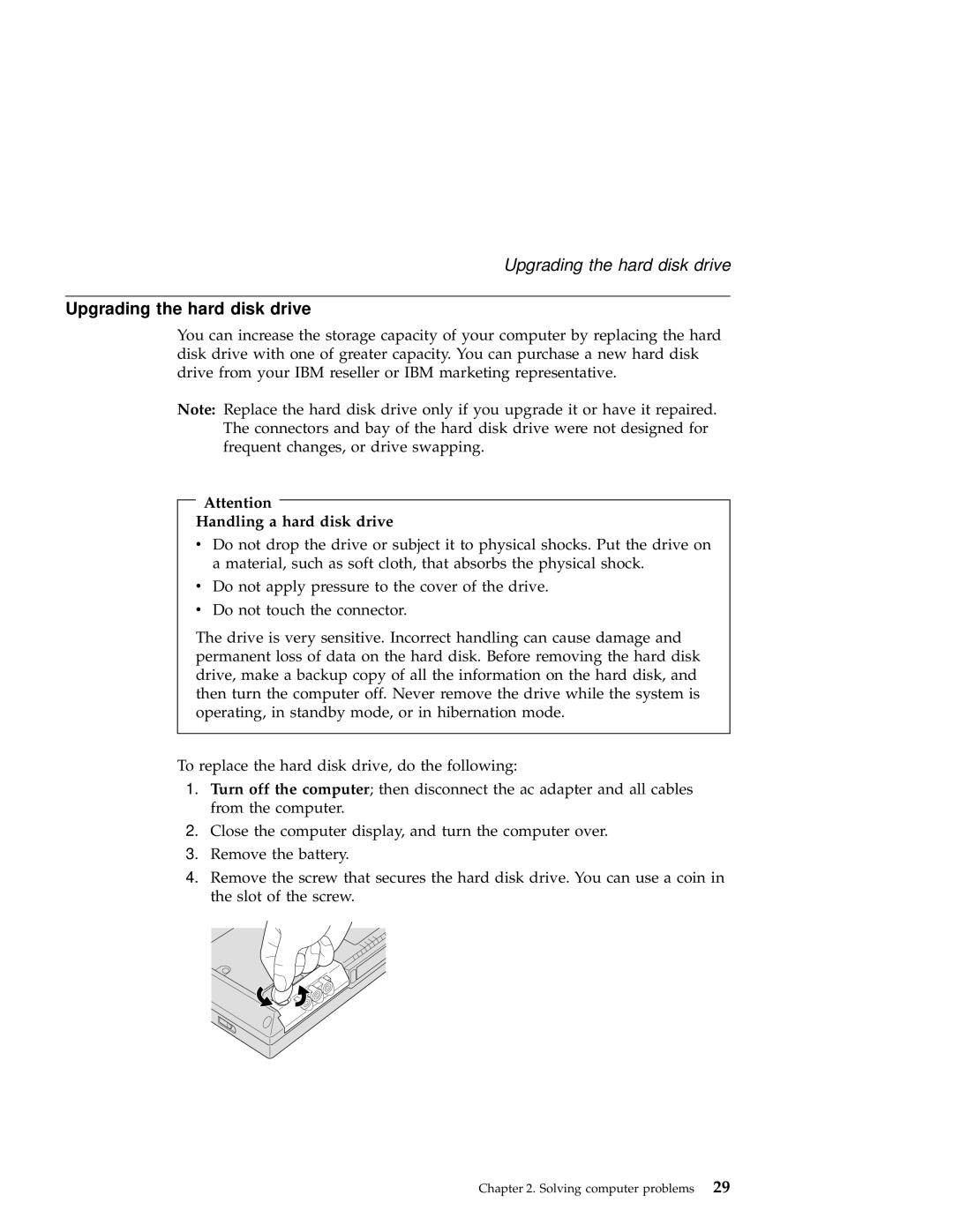 IBM A21e manual Upgrading the hard disk drive, Handling a hard disk drive 