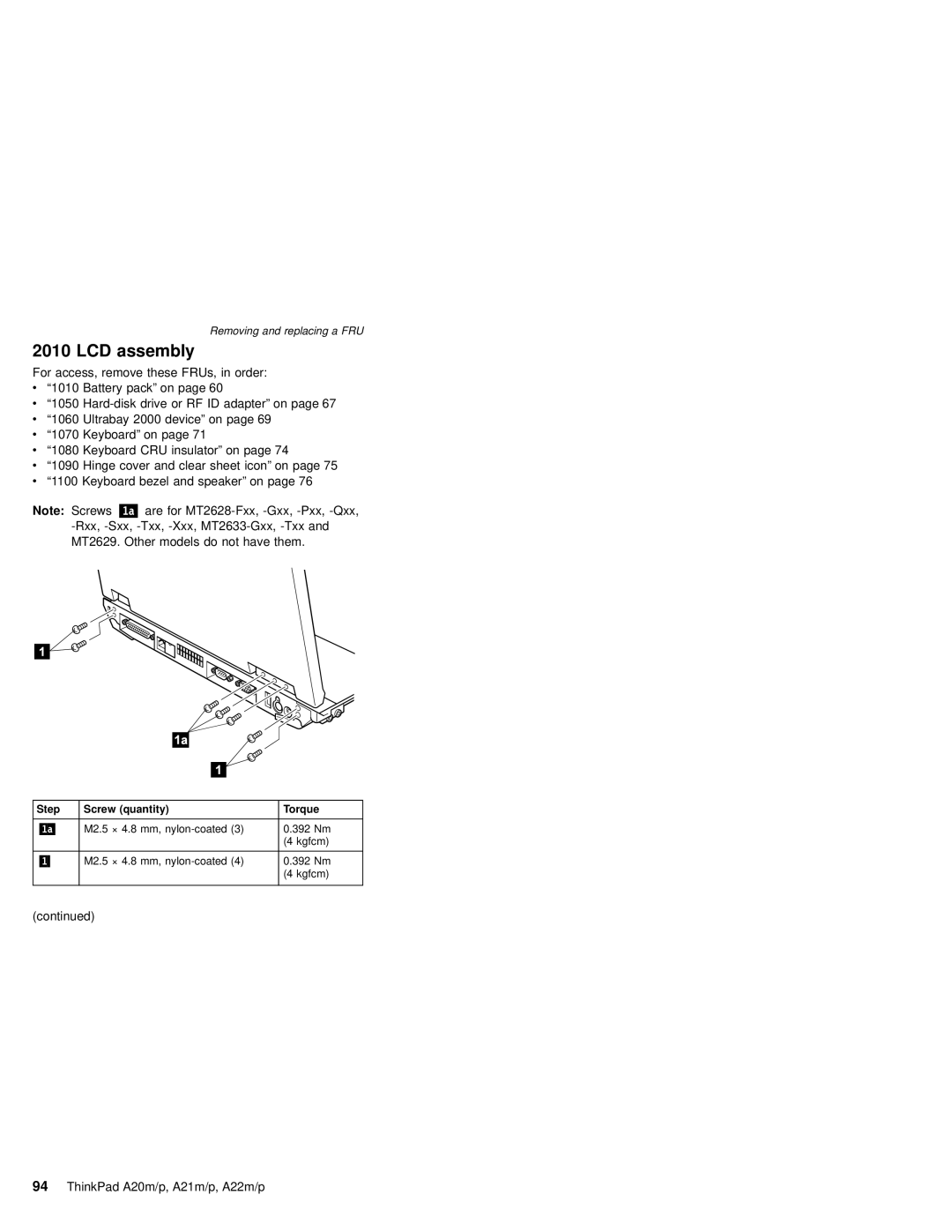 IBM A20M, A21M, A22P, A22M, A21P, MT 2631 manual LCD assembly 