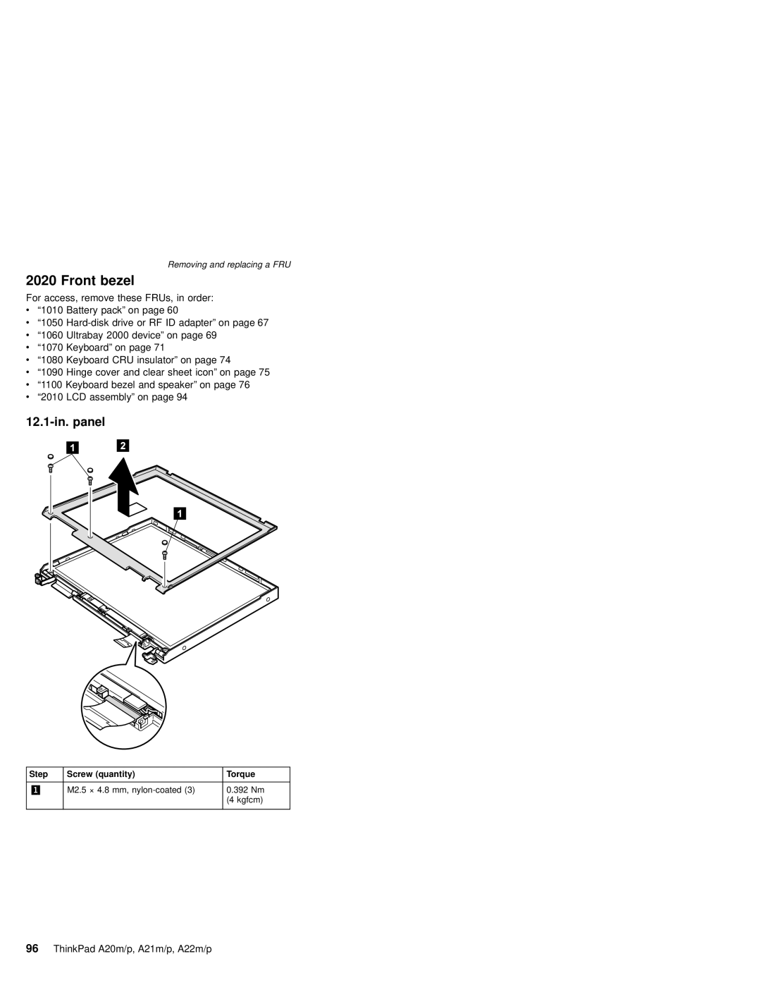 IBM A21M, A22P, A22M, A21P, A20M, MT 2631 manual Front bezel, 12.1-in. panel 