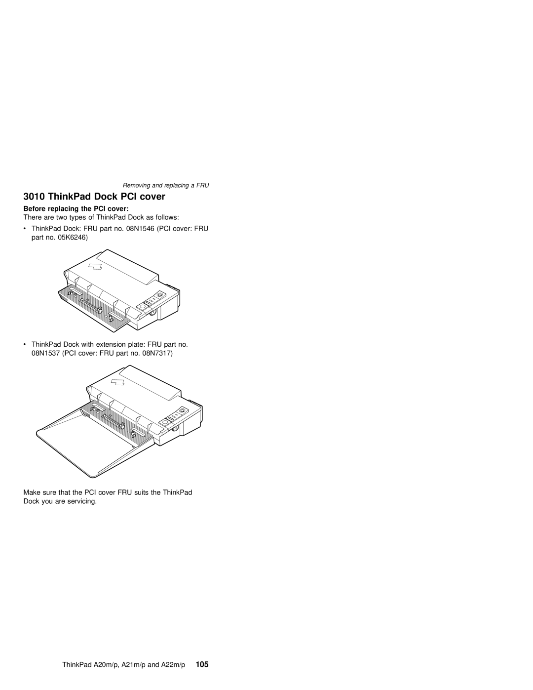 IBM A21P, A21M, A22P, A22M, A20M, MT 2631 manual ThinkPad Dock PCI cover, Before replacing the PCI cover 