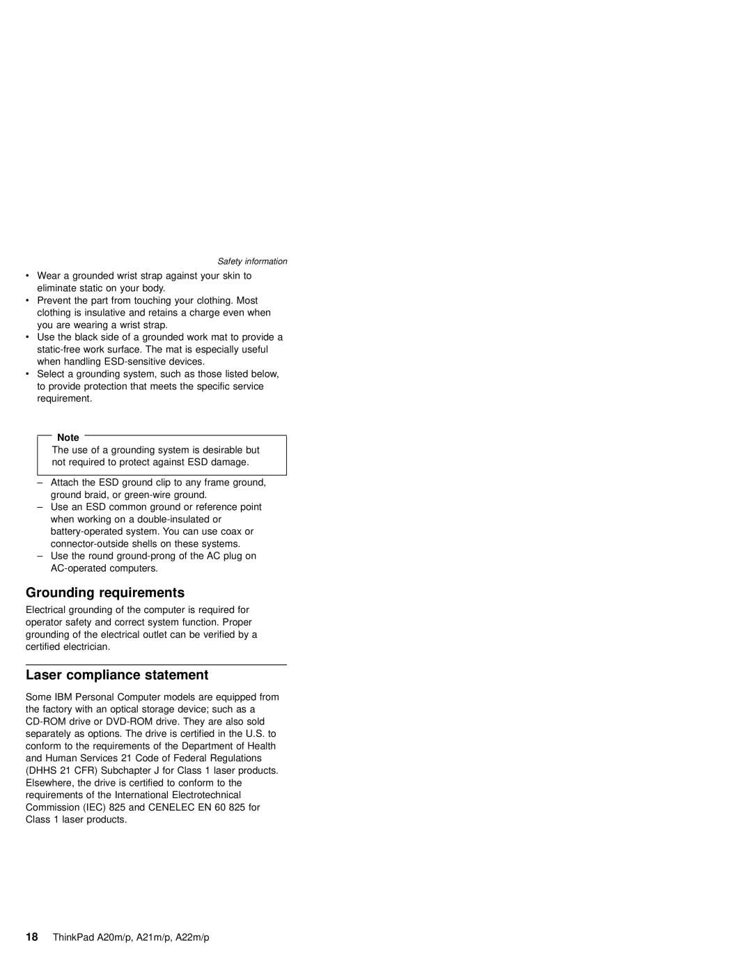 IBM A21M, A22P, A22M, A21P, A20M, MT 2631 manual Grounding requirements, Laser compliance statement 