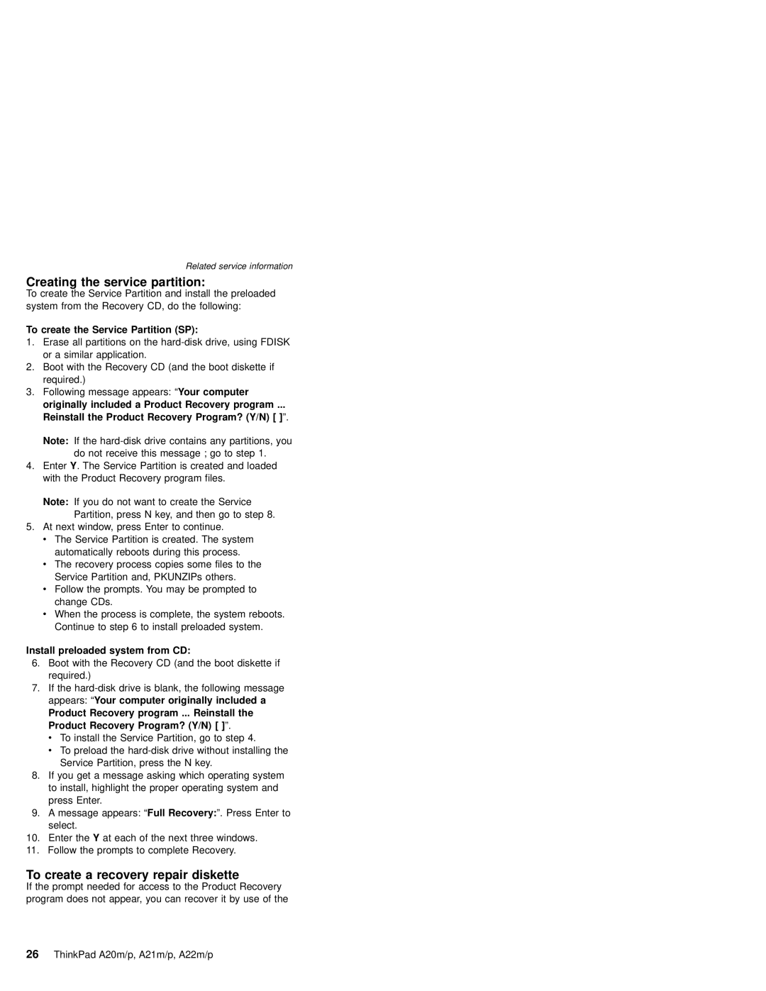 IBM A22M, A21M Creating the service partition, To create a recovery repair diskette, To create the Service Partition SP 