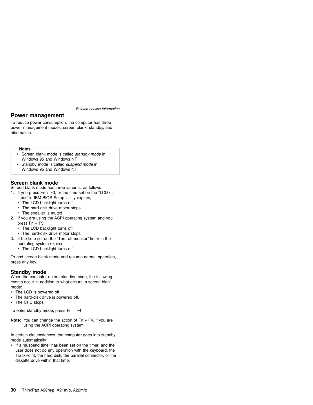 IBM A21M, A22P, A22M, A21P, A20M, MT 2631 manual Power management, Screen blank mode, Standby mode 