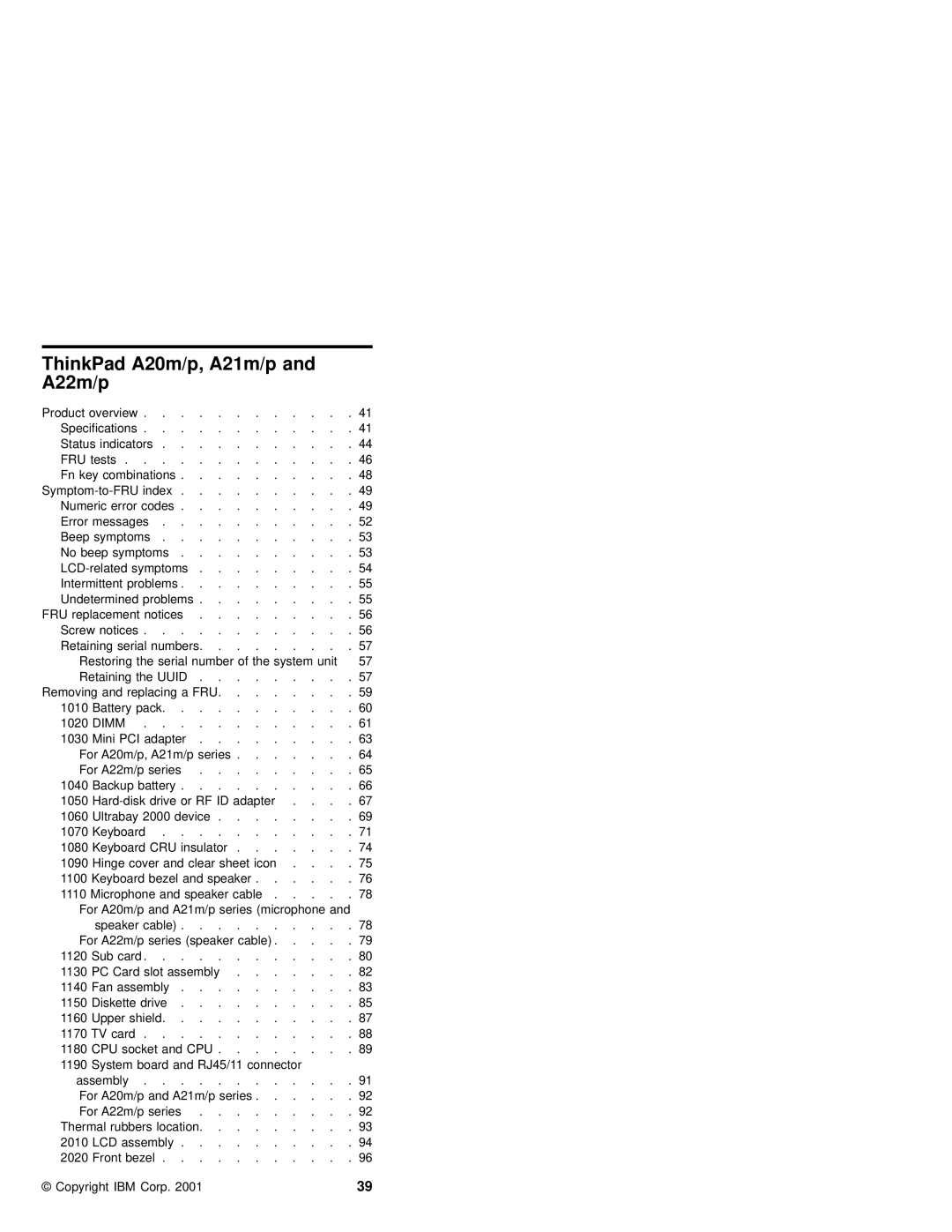 IBM A21P, A21M, A22P, A22M, A20M, MT 2631 manual ThinkPad A20m/p, A21m/p and A22m/p 