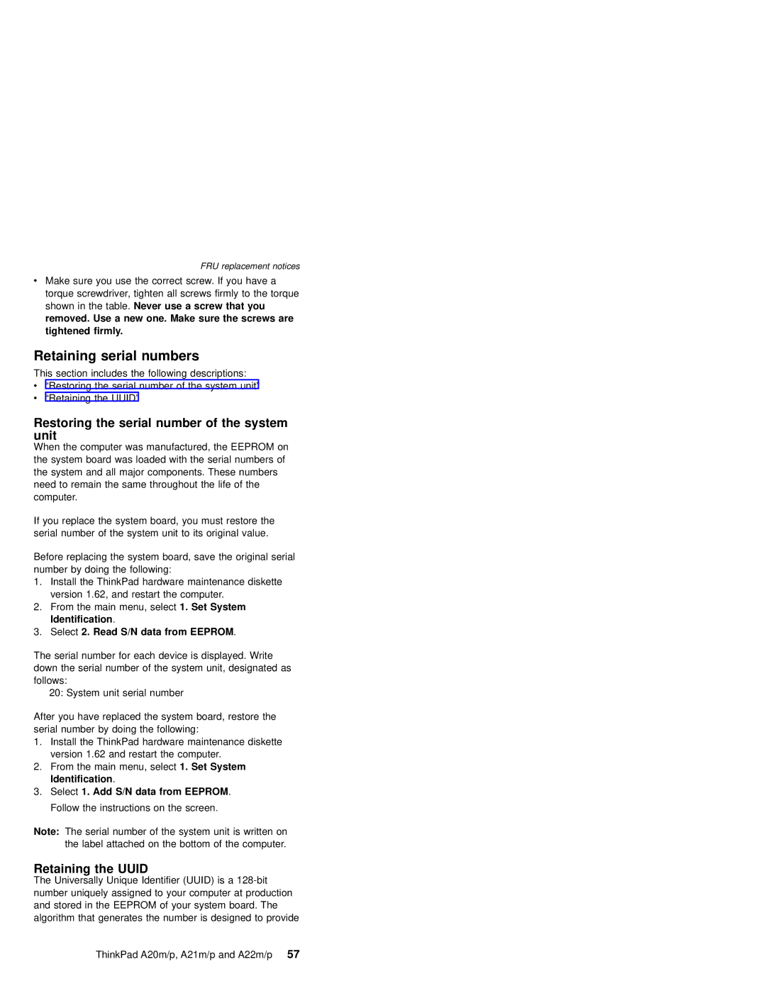 IBM A21P, A21M, A22P, A22M, A20M Retaining serial numbers, Restoring the serial number of the system unit, Retaining the Uuid 