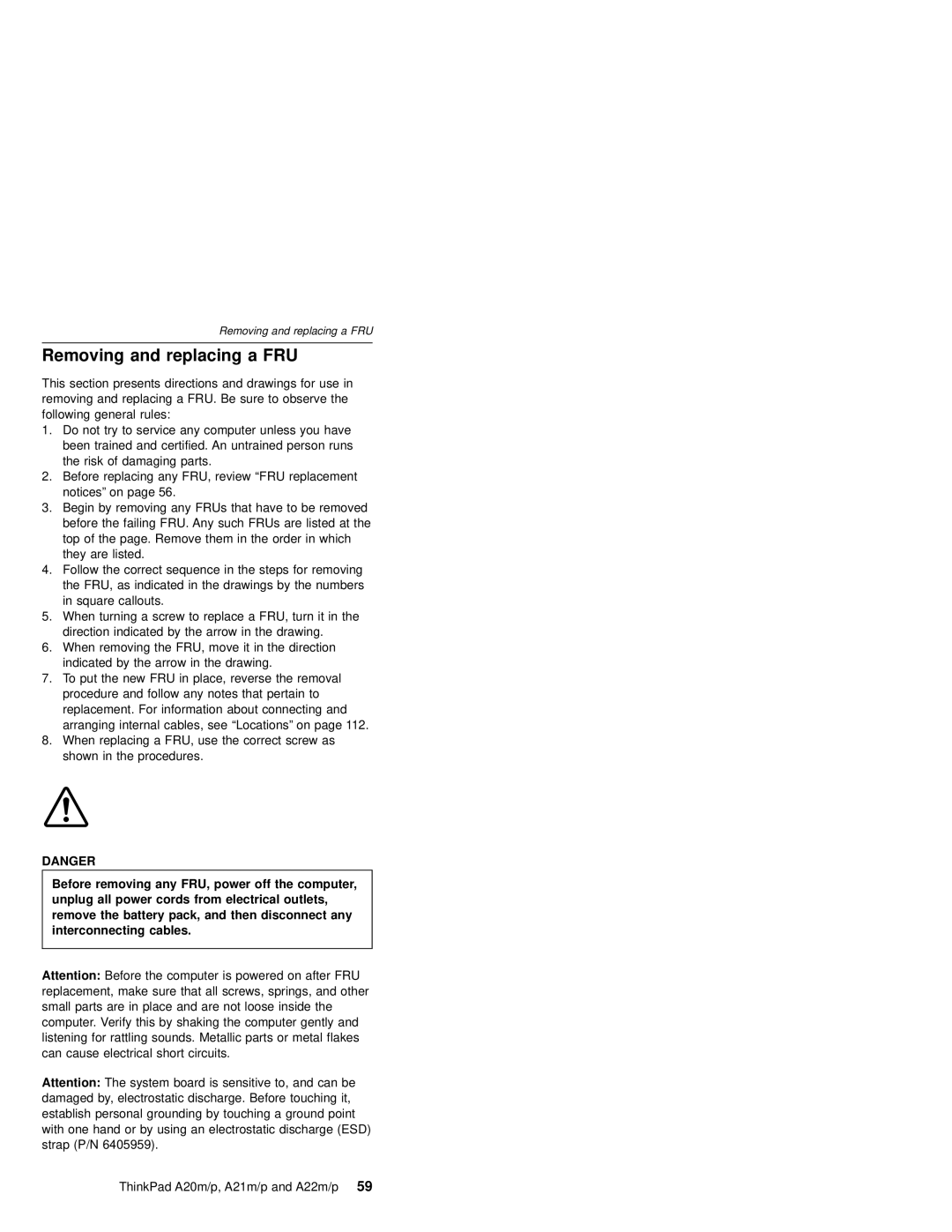 IBM MT 2631, A21M, A22P, A22M, A21P, A20M manual Removing and replacing a FRU 