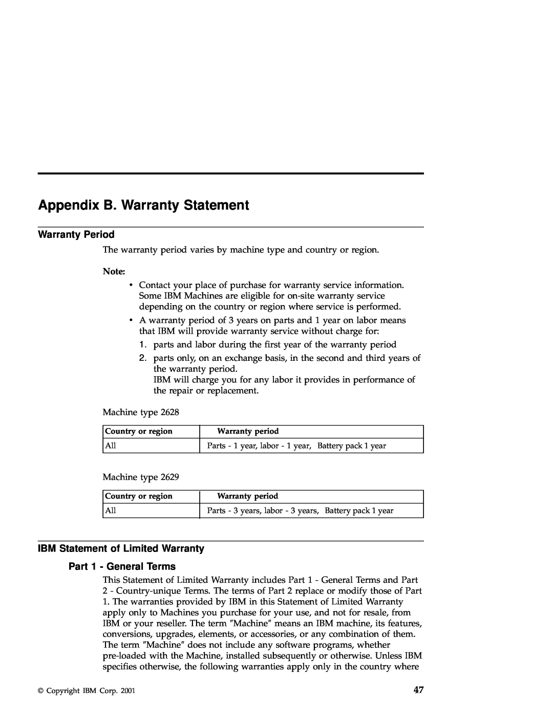 IBM A22 manual Appendix B. Warranty Statement, Warranty Period, IBM Statement of Limited Warranty Part 1 - General Terms 