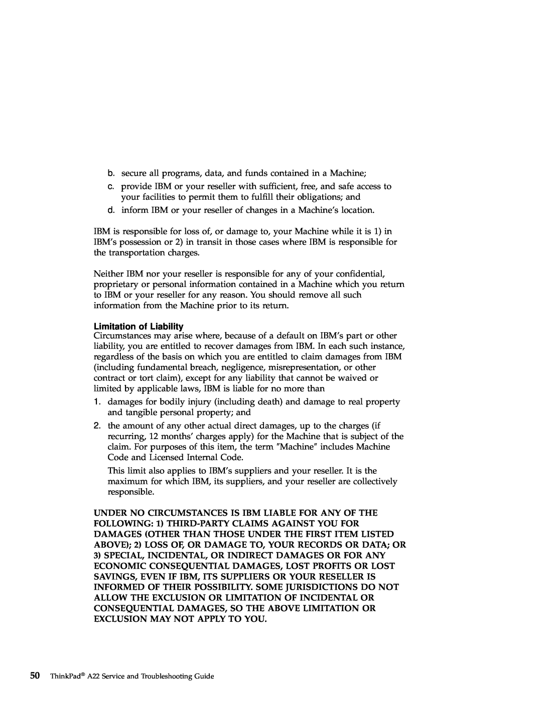 IBM A22 manual Limitation of Liability 