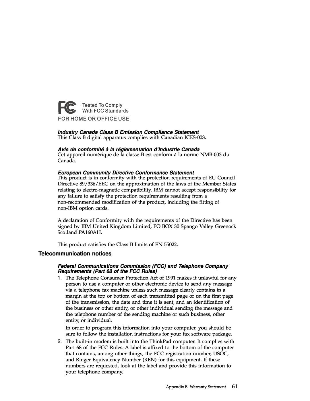 IBM A22 manual Telecommunication notices, Industry Canada Class B Emission Compliance Statement 