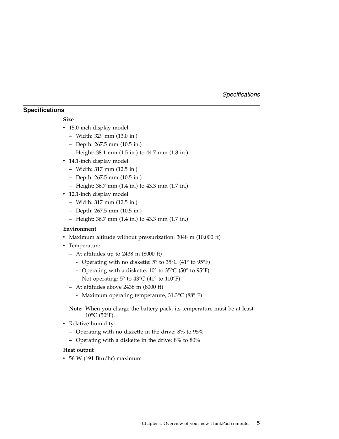 IBM A22 manual Specifications, Size, Environment, Heat output 