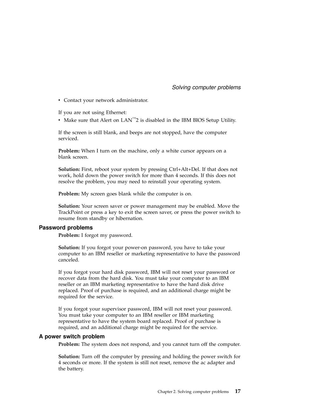 IBM A22 manual Password problems, Power switch problem 