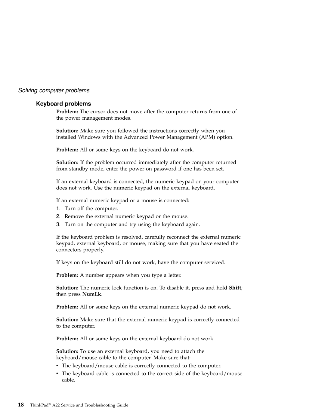 IBM A22 manual Keyboard problems 