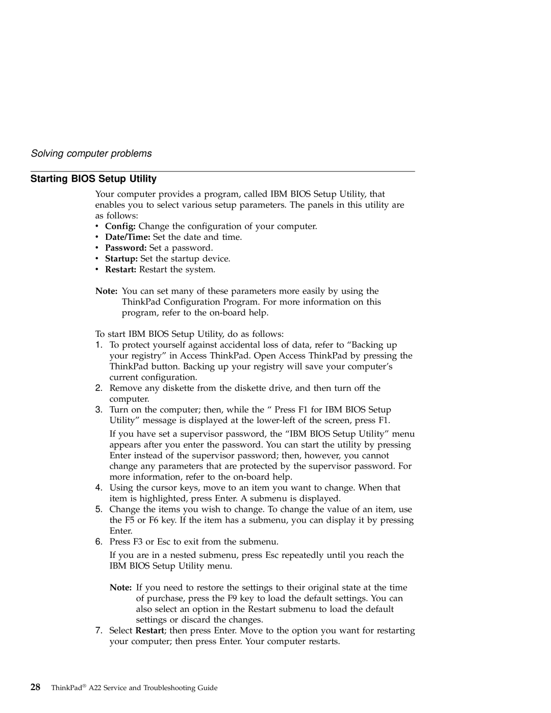 IBM A22 manual Starting Bios Setup Utility 