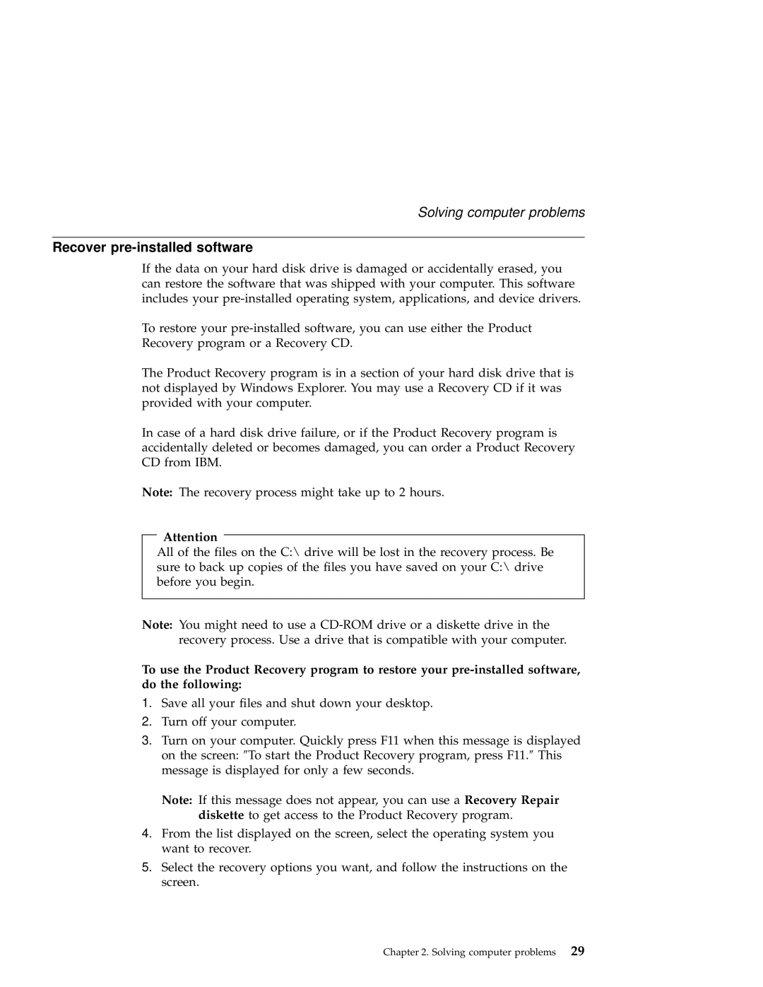 IBM A22 manual Recover pre-installed software 