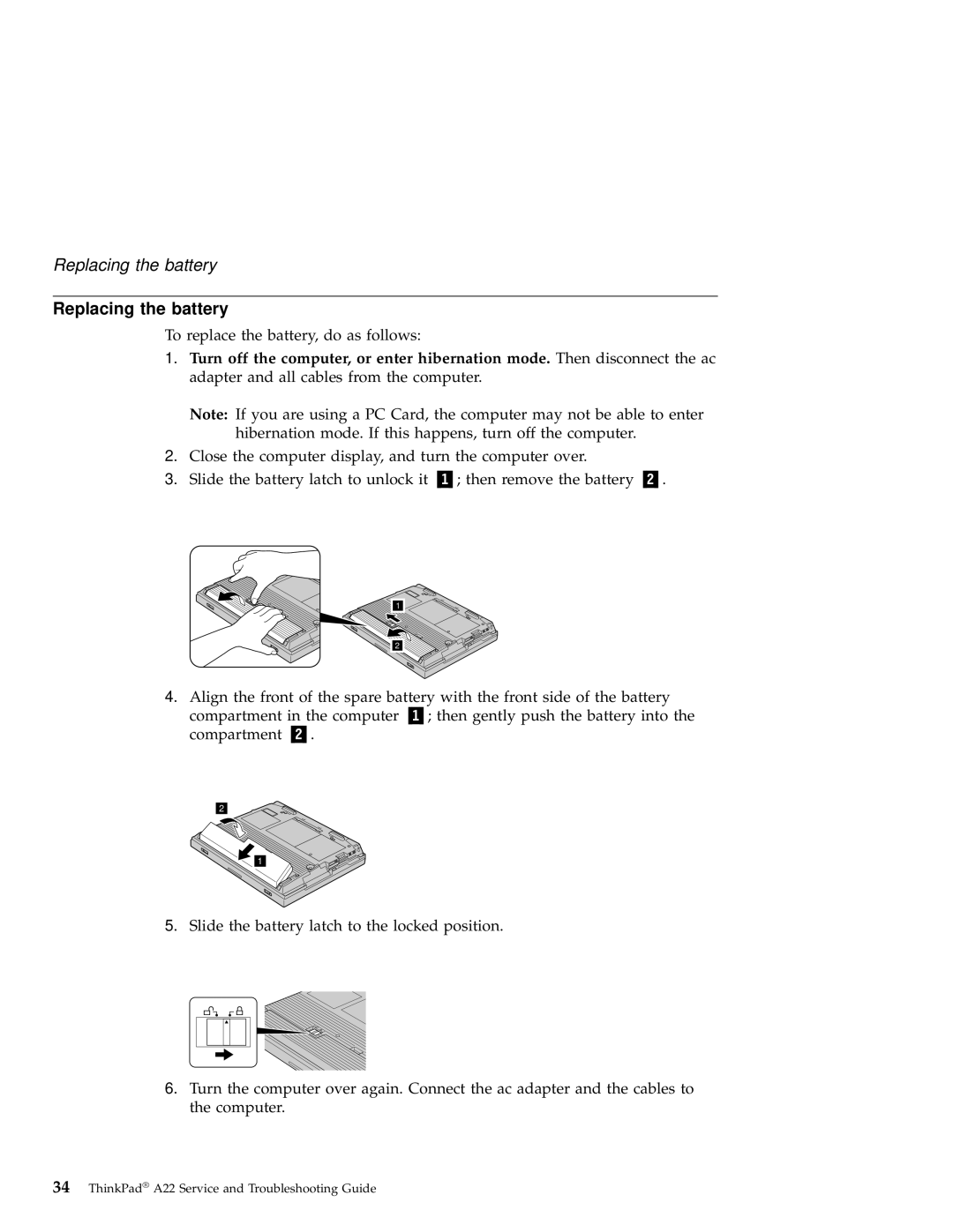 IBM A22 manual Replacing the battery 