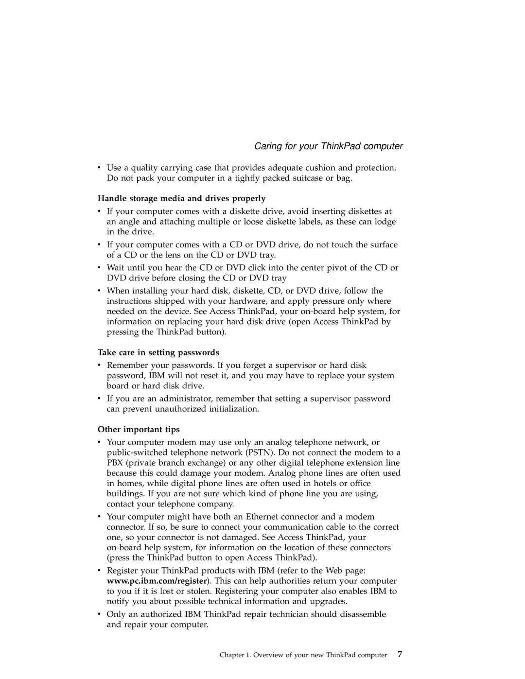 IBM A22e manual Handle storage media and drives properly, Take care in setting passwords, Other important tips 