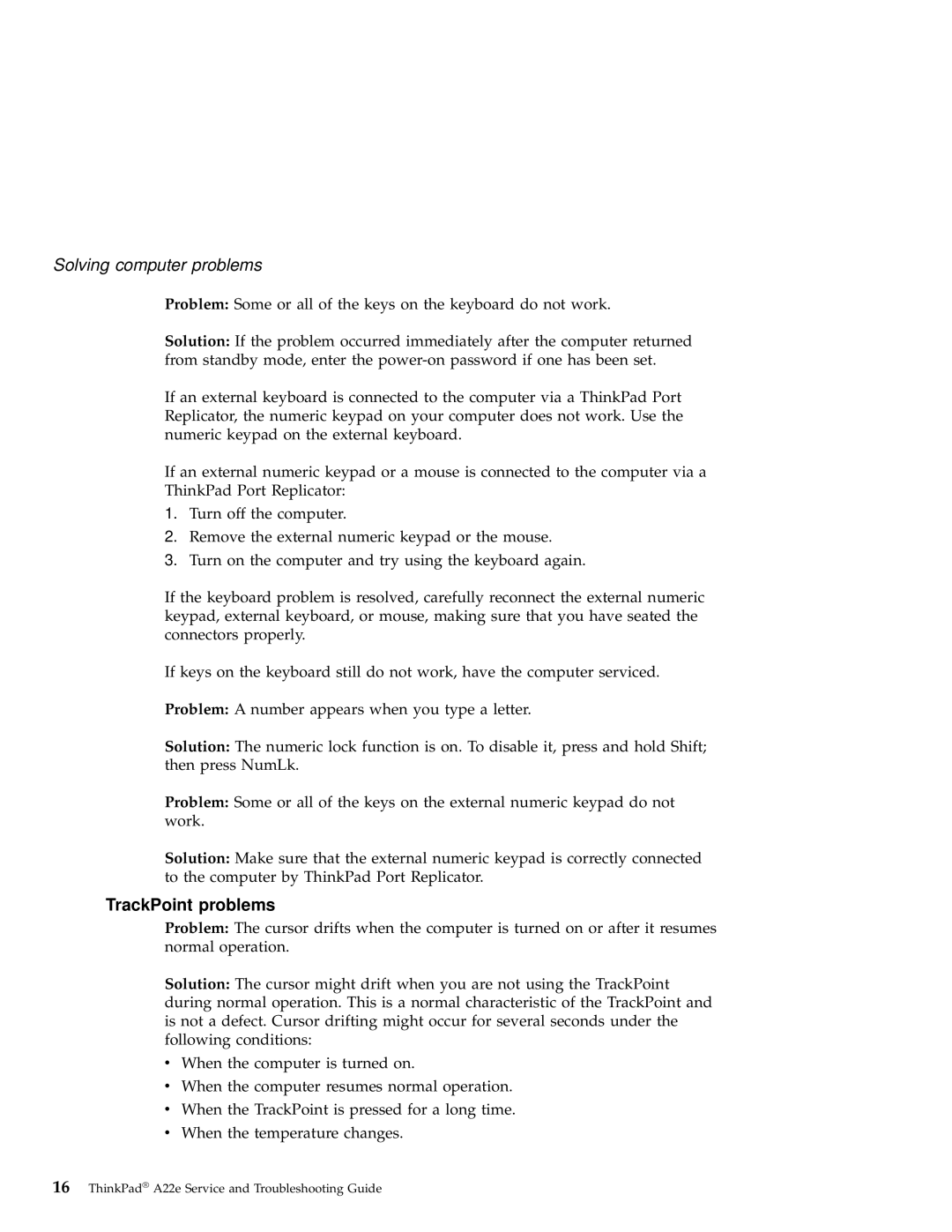 IBM A22e manual TrackPoint problems 