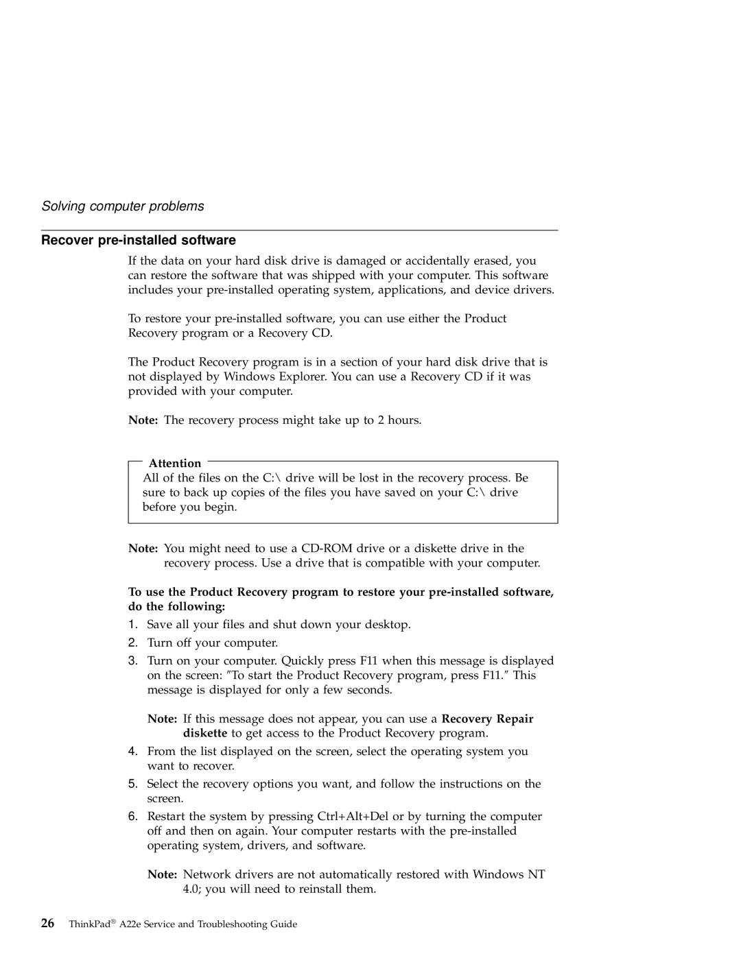 IBM A22e manual Recover pre-installed software 