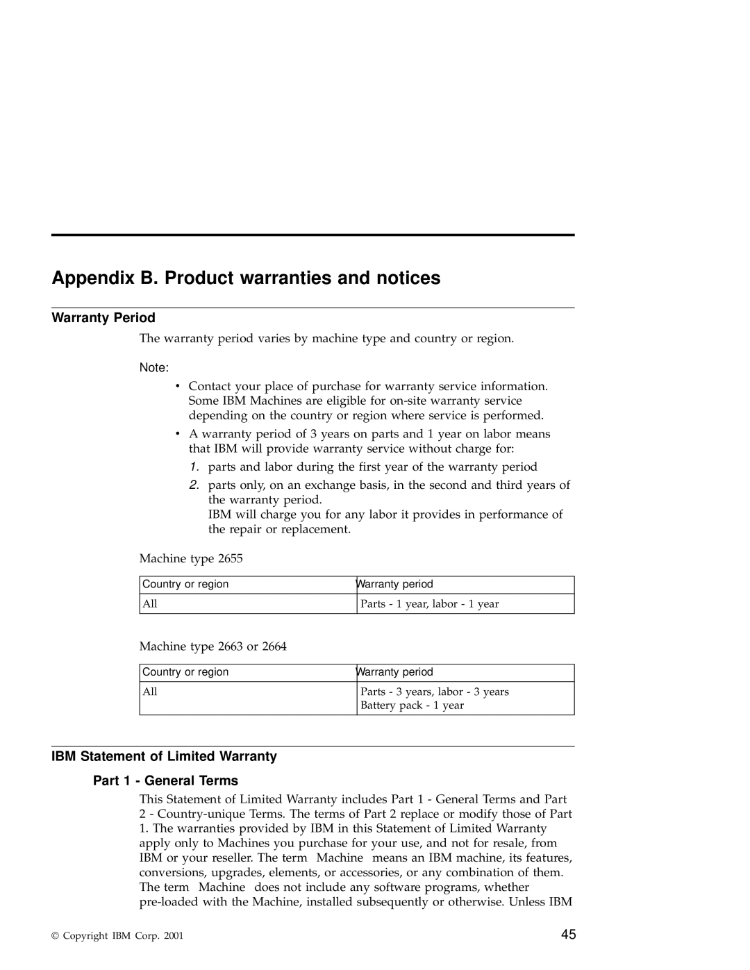 IBM A22e manual Appendix B. Product warranties and notices, Warranty Period 