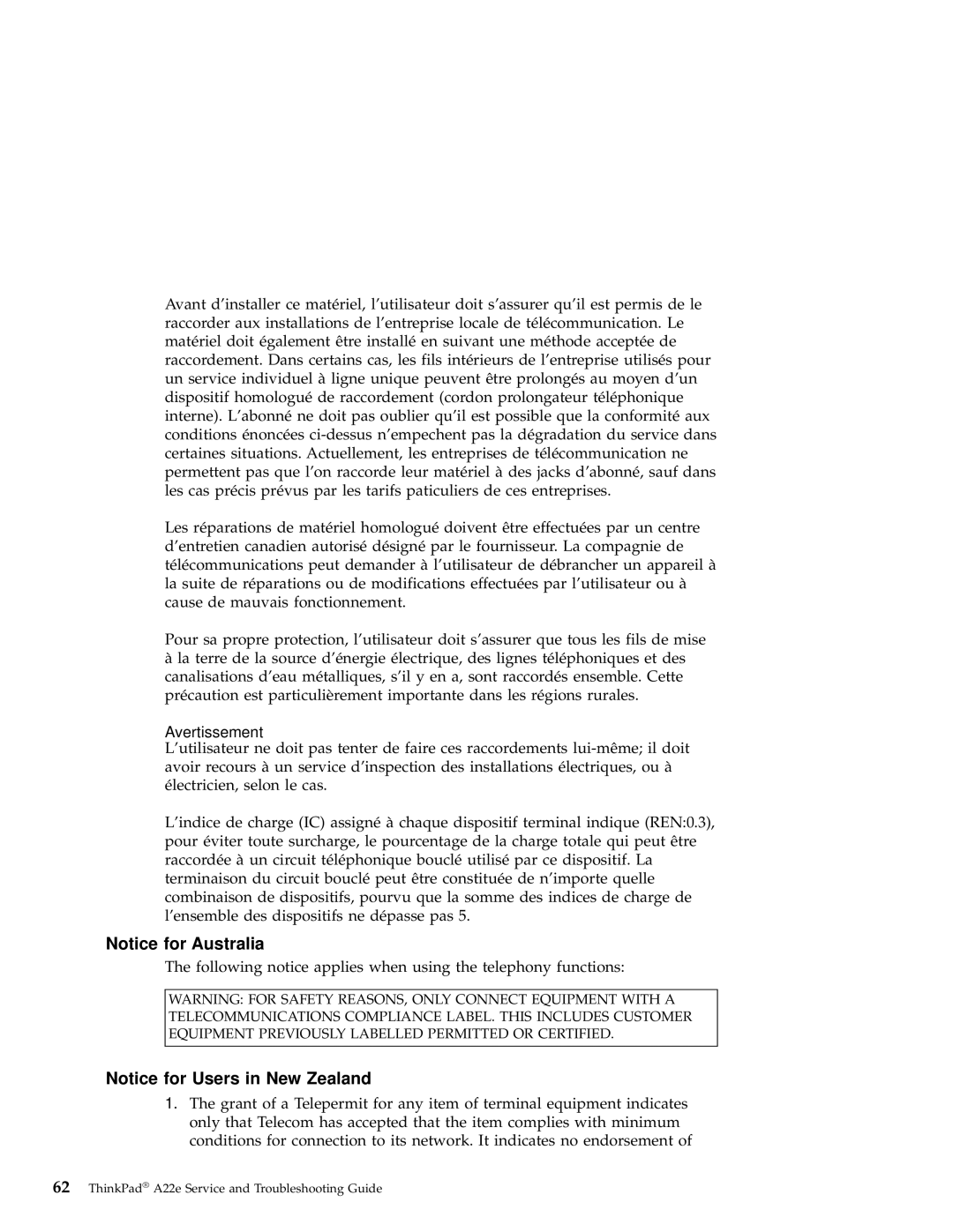 IBM A22e manual Avertissement 