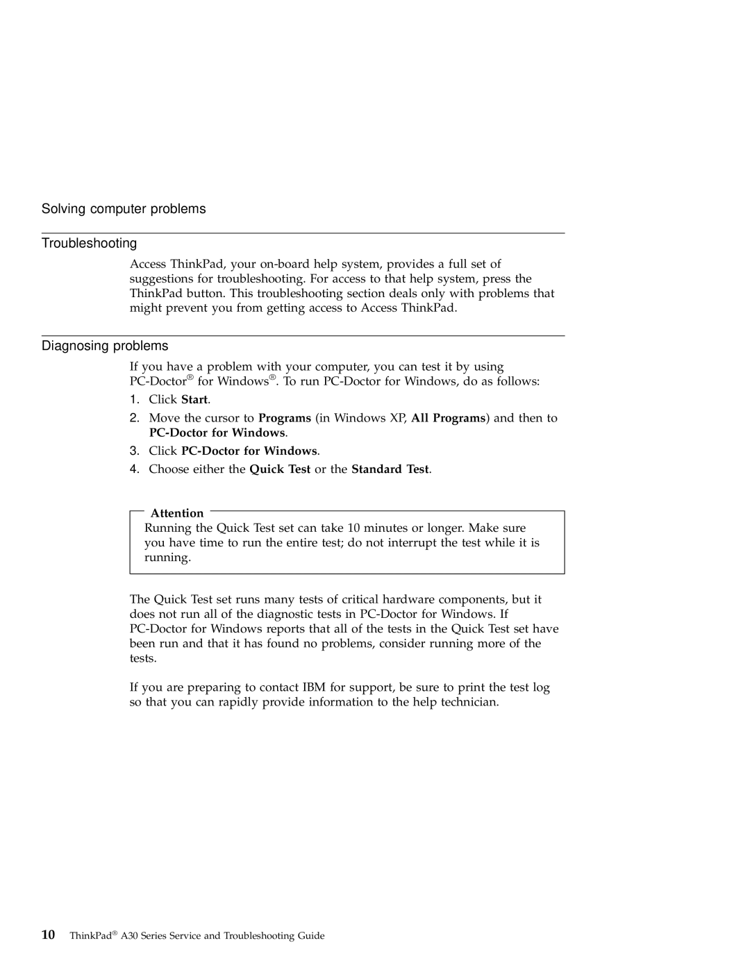 IBM A30 manual Troubleshooting, Diagnosing problems, Click PC-Doctor for Windows 