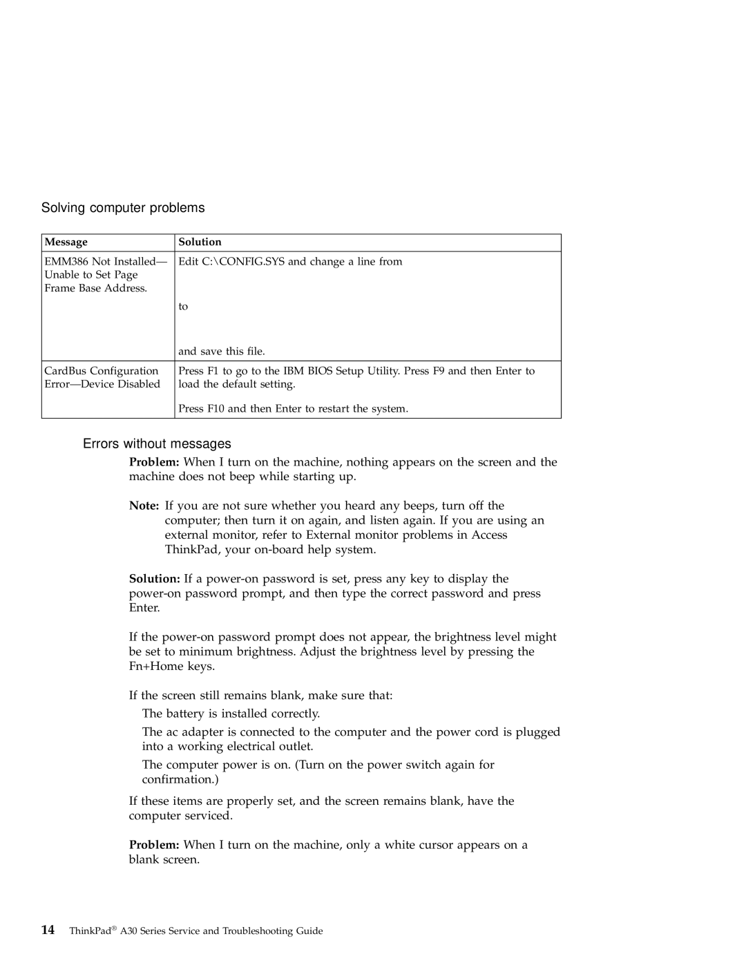 IBM A30 manual Errors without messages 